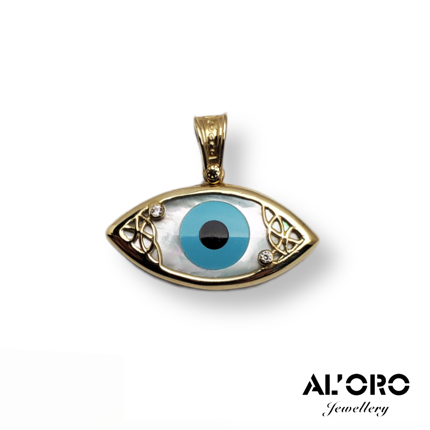 AL’ORO 14K White Gold Evil Eye and Cross with Iridescent White Seashell Bracelet