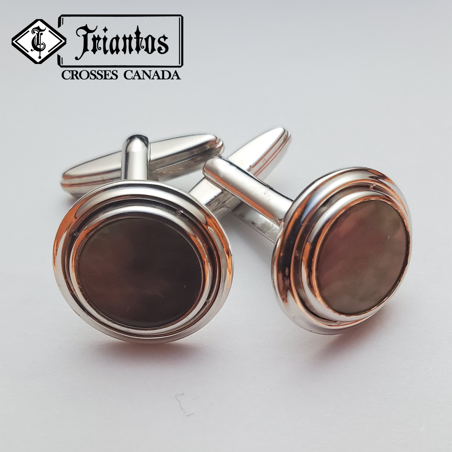 Sterling Silver Round Cufflinks with Iridescent Gray Seashell Stud For Men