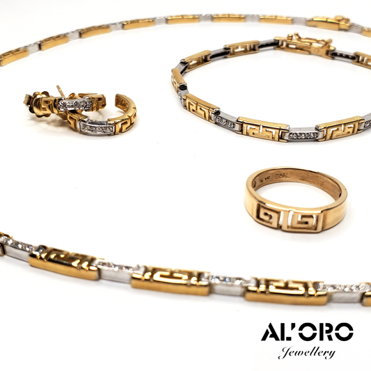 Greek Key with Stones 14K Gold Full Parure Jewelry Set Matching Necklace Bracelet Ring and Earings